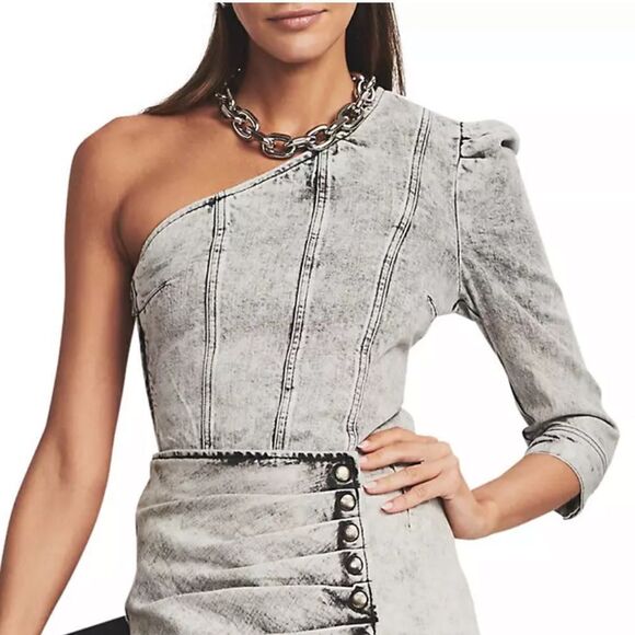 NEW Retrofete Moira One Shoulder Denim Top Light Acid Grey XXS - Picture 1 of 11
